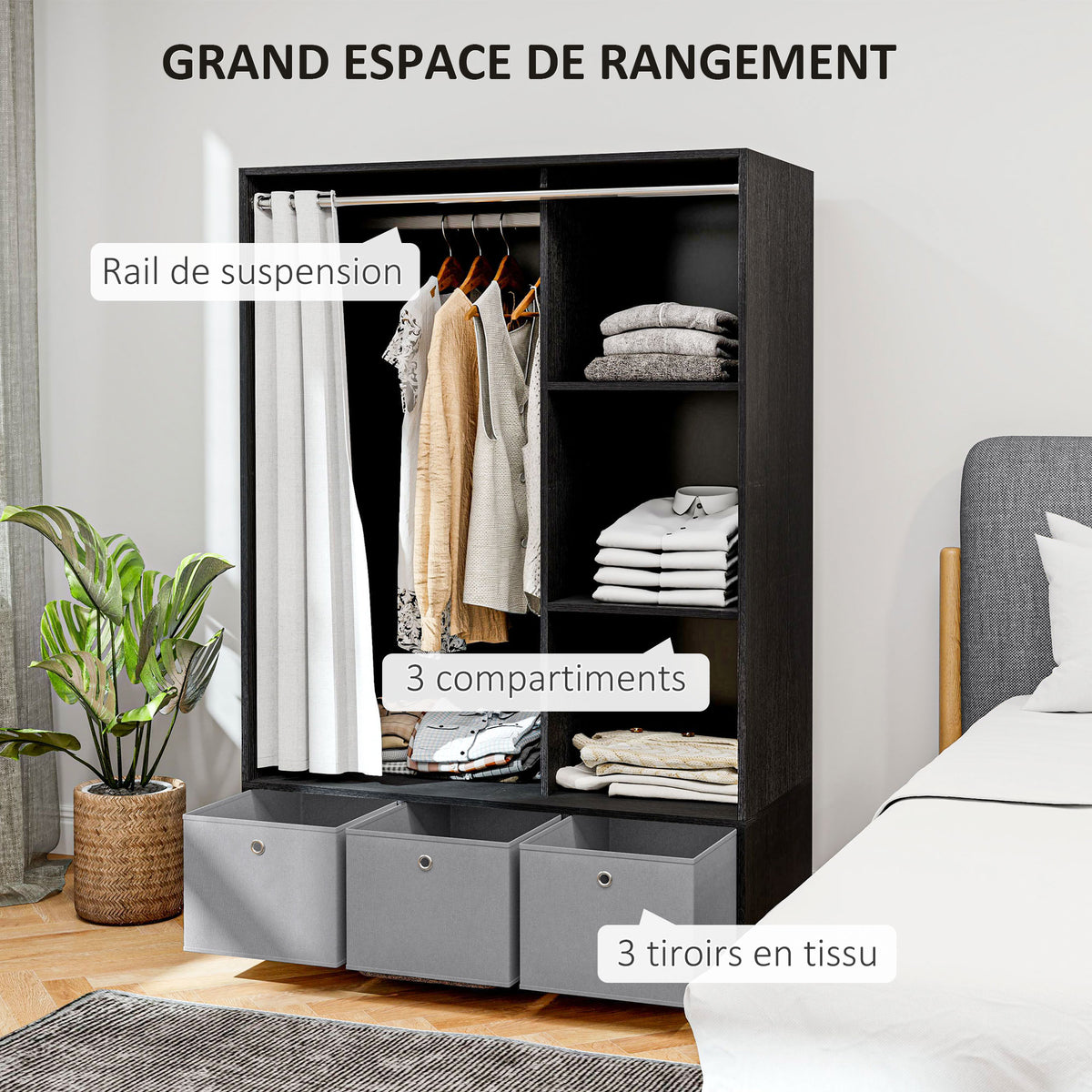 Armoire penderie armoire de rangement avec tringle rideaux 3 niches et 3 tiroirs en tissu amovibles 105 x 48 x 160 cm-4