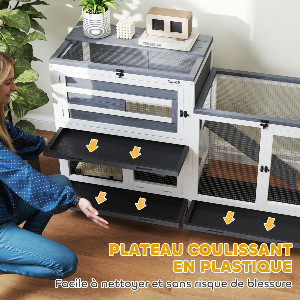 Clapier pour lapin en bois 2 étages avec roulettes, 3 plateaux, pour 2-3 lapins, 147 x 45 x 89,5 cm, gris-4
