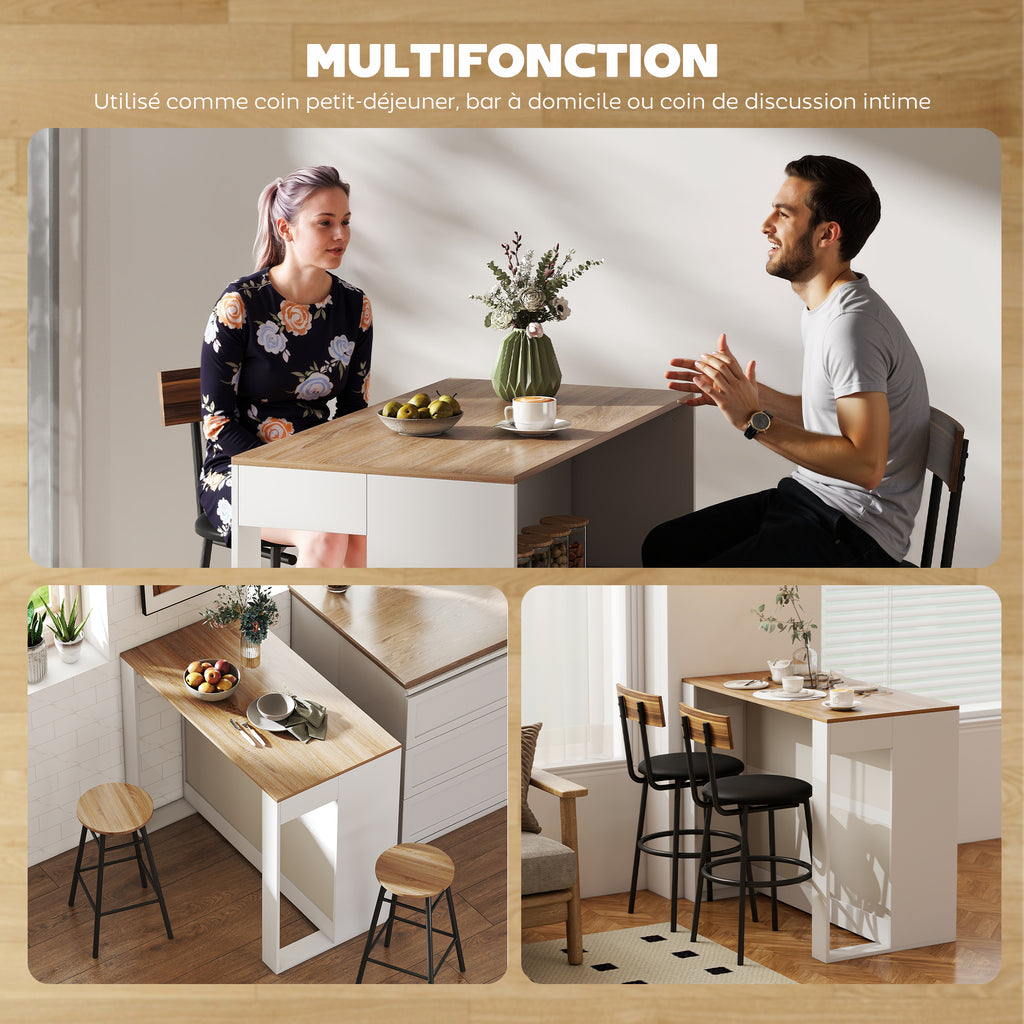 Table de bar, table haute cuisine à 3 niveaux 2 compartiments ouverts, plateau effet bois naturel 113 x 60 x 90 cm blanc-5