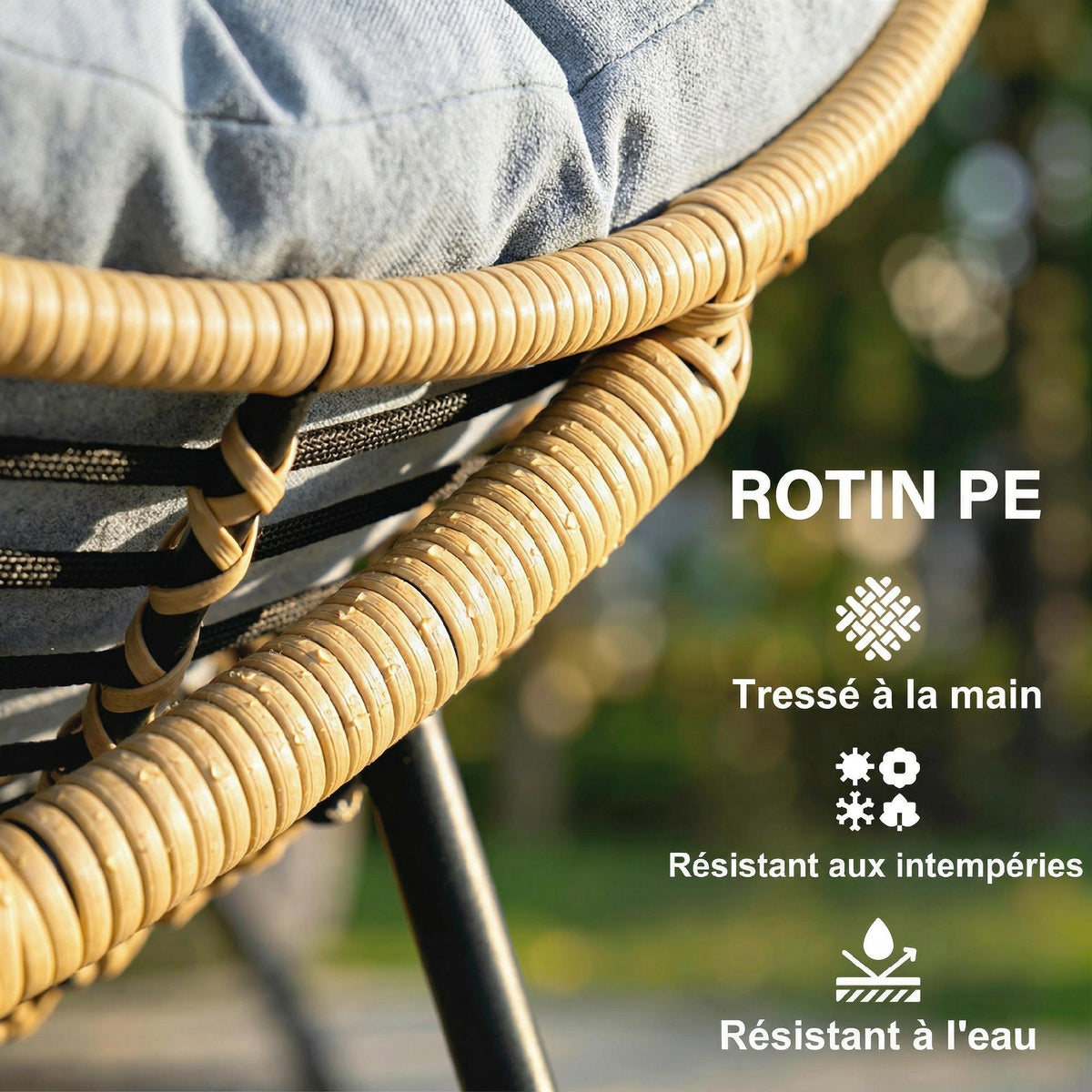 Fauteuil à bascule de jardin pour intérieur et extérieur, rocking chair en résine tressée avec coussin moelleux, gris-4