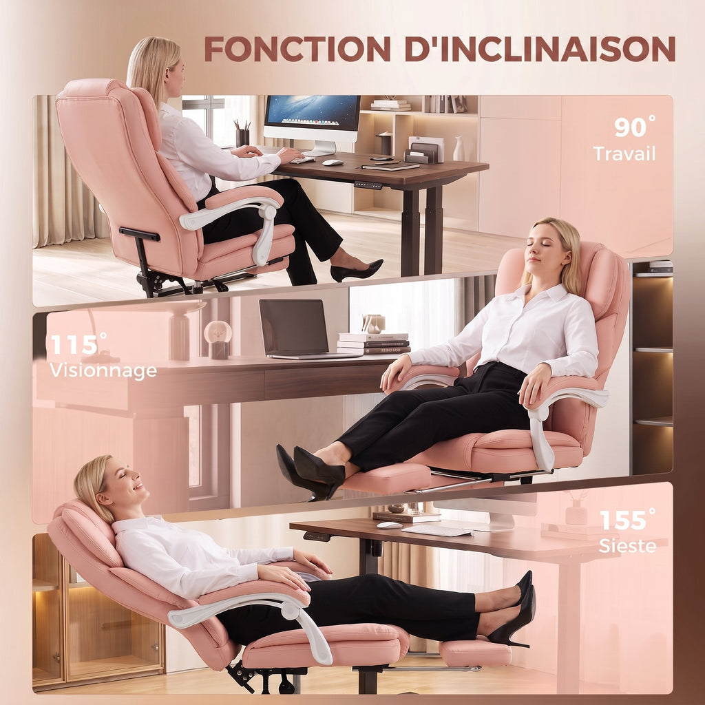 Chaise Bureau Ergonomique, Fauteuil de Bureau Inclinable en Cuir Synthétique Adapté aux Animaux, Hauteur Réglable, Rose-6