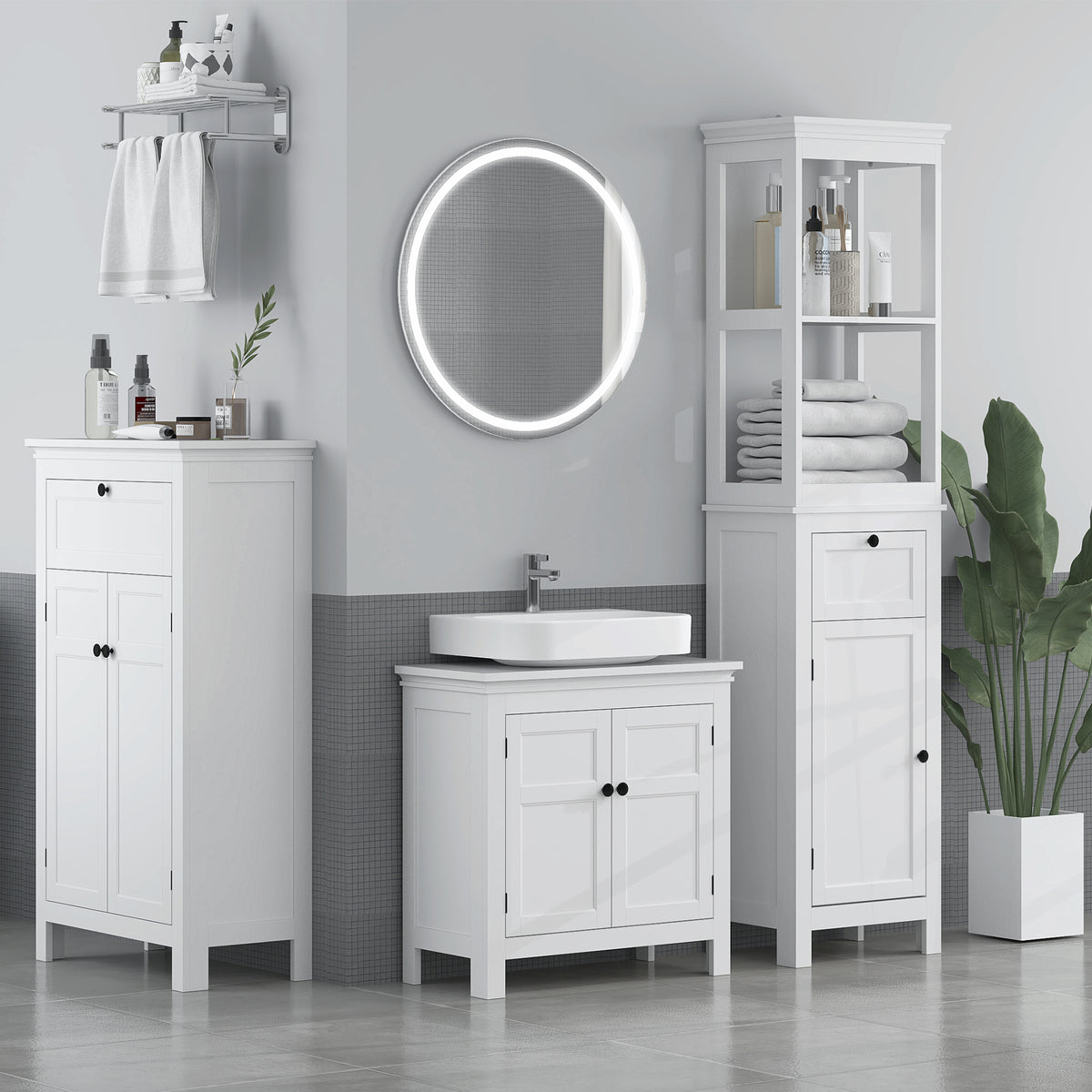 Meuble de salle de bain avec tiroir et étagères réglables, armoire de rangement sur pied, hauteur 102,5 cm, blanc-3