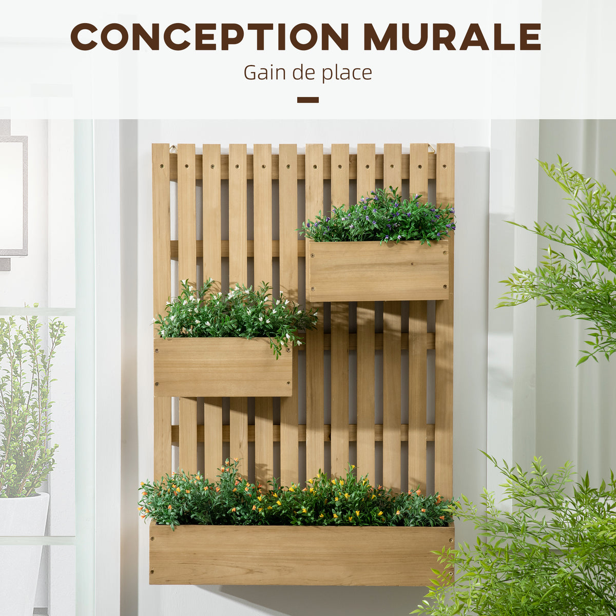 Jardinière murale potager avec 3 bacs en bois massif amovibles 60 x 16 x 80 cm-3