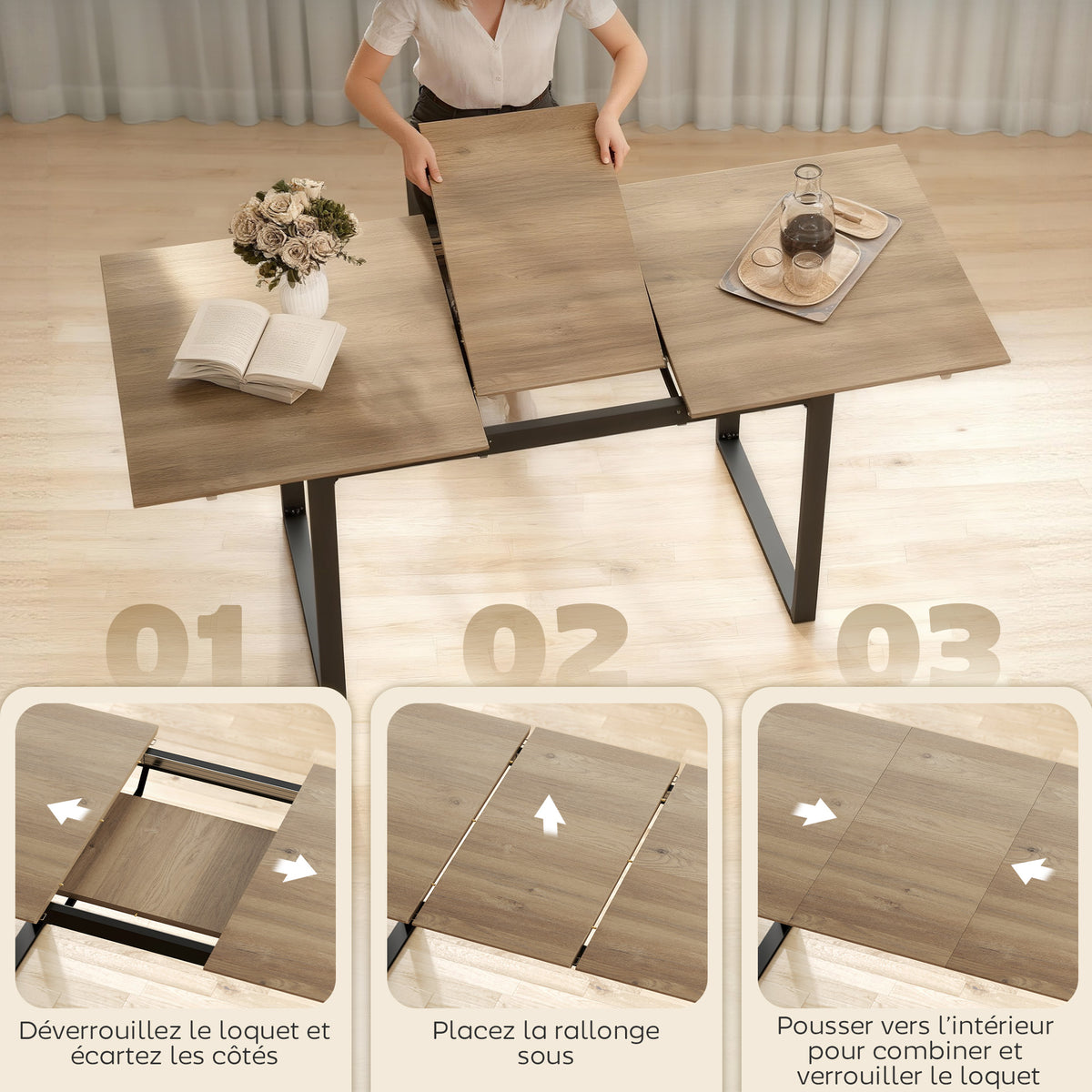 Table à manger extensible rectangle pour 6 à 8 personnes, table de cuisine avec rallonge 140-180 cm, effet bois naturel-4