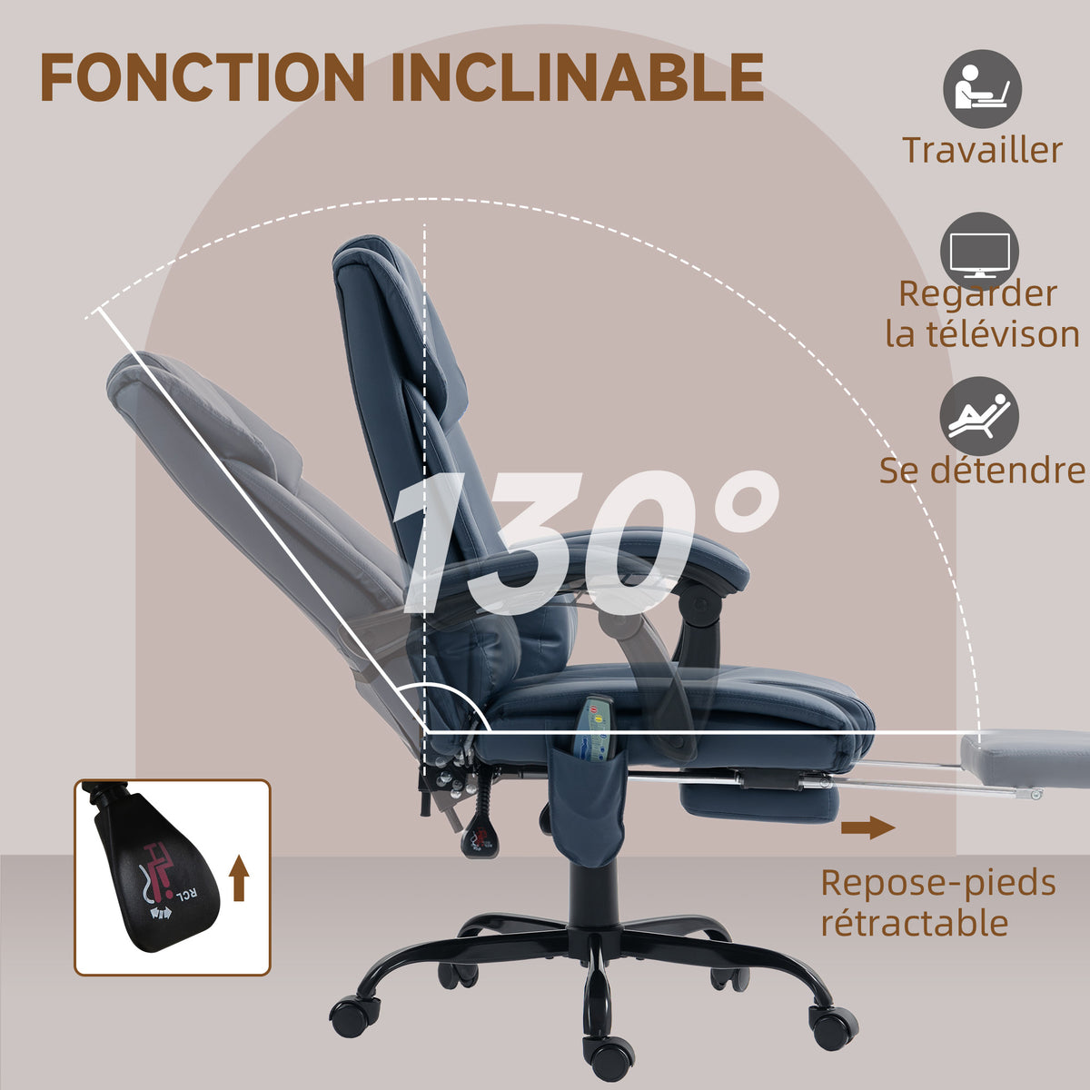 Fauteuil de bureau massant, repose-pied, hauteur réglable, dossier inclinable, télécommande filaire, 66x75x122cm, bleu-4