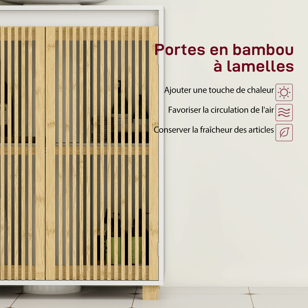 Meuble sous lavabo salle de bain - placard à portes à lattes en bambou, 60 x 30 x 75 cm, effet bois naturel-5