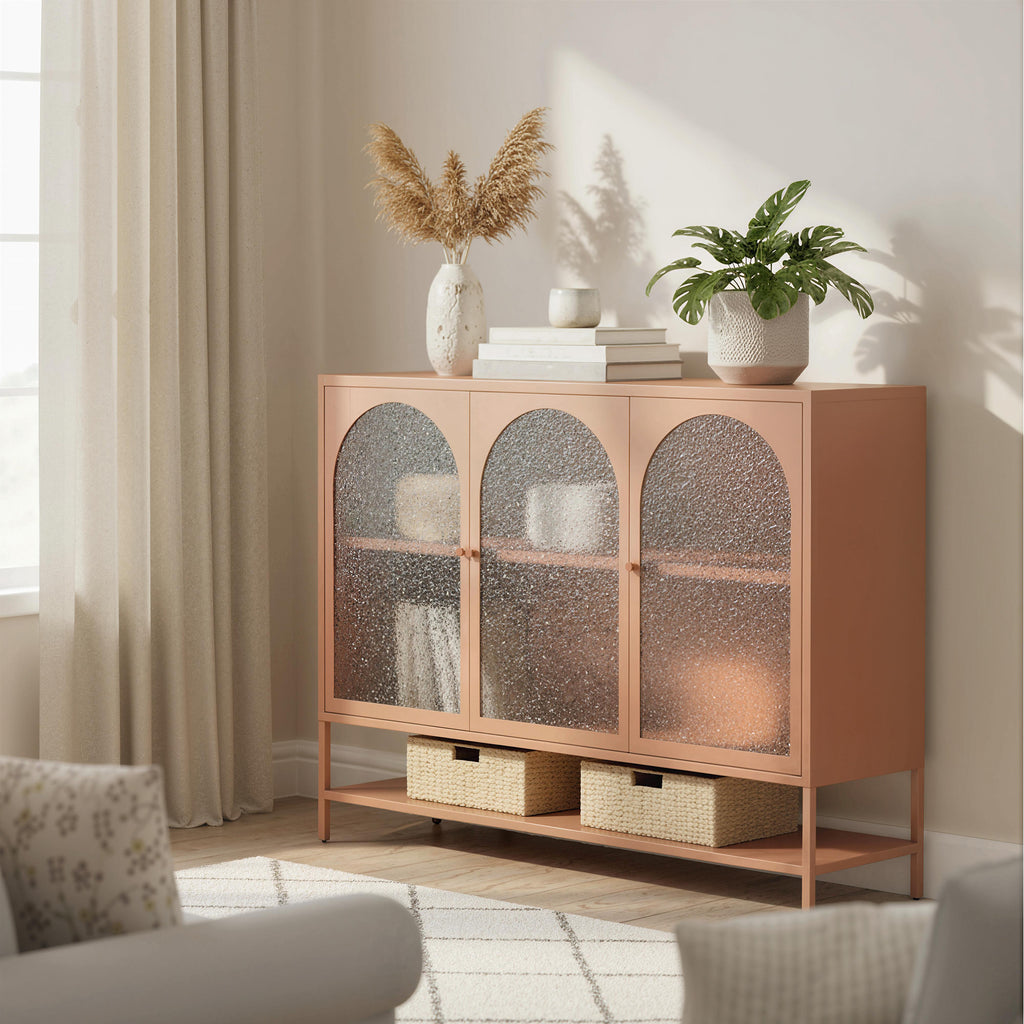 Buffet salon, meuble de rangement avec 3 portes vitrées cintrées et étagère ouverte, 140 x 40 x 105 cm, rouille-6