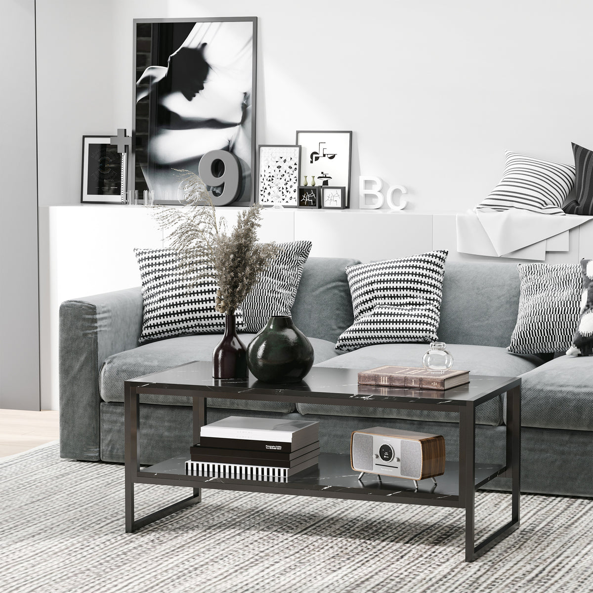 Table Basse Style Moderne avec 2 Étagères 106 x 50 x 47 cm Noir-6