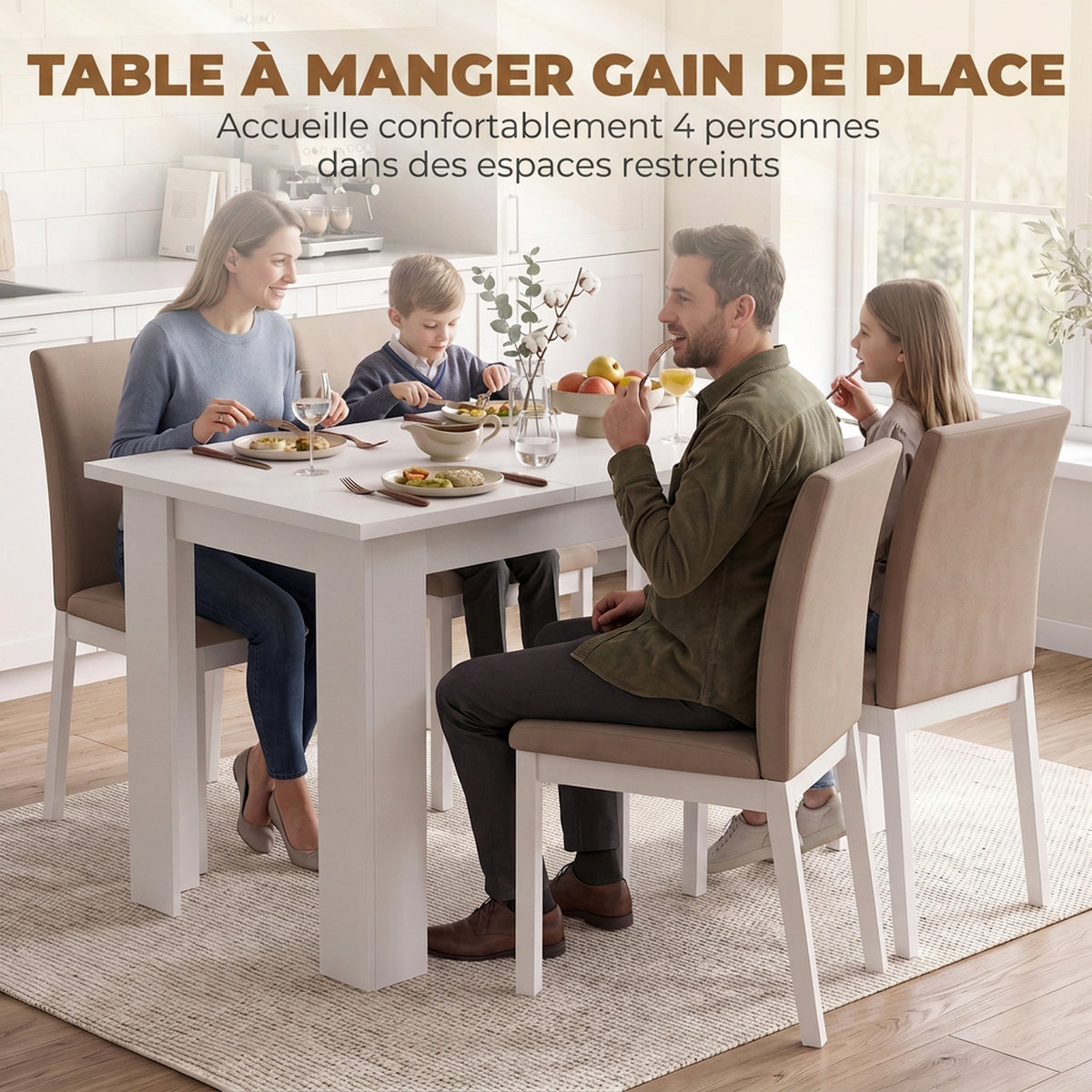 Table à Manger pour 4 Personnes avec Plateau Relevable et Rangements Cachés, 120 x 60 x 75,5 cm, Blanc-3