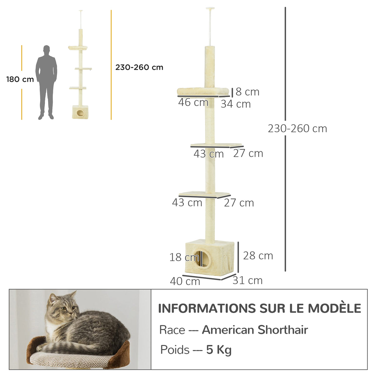 Arbre à chats poteau à griffer hauteur réglable dim. 440L x 31P x 240 - 270H cm 4 niveaux d'activités avec niche-2