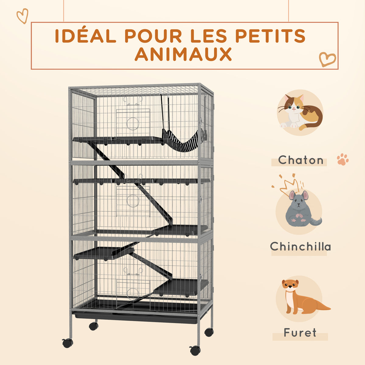 Cage pour rongeurs multifonction 4 plateformes 3 rampes 4 portes dim. 80L x 52l x 159H cm acier gris argenté noir-3