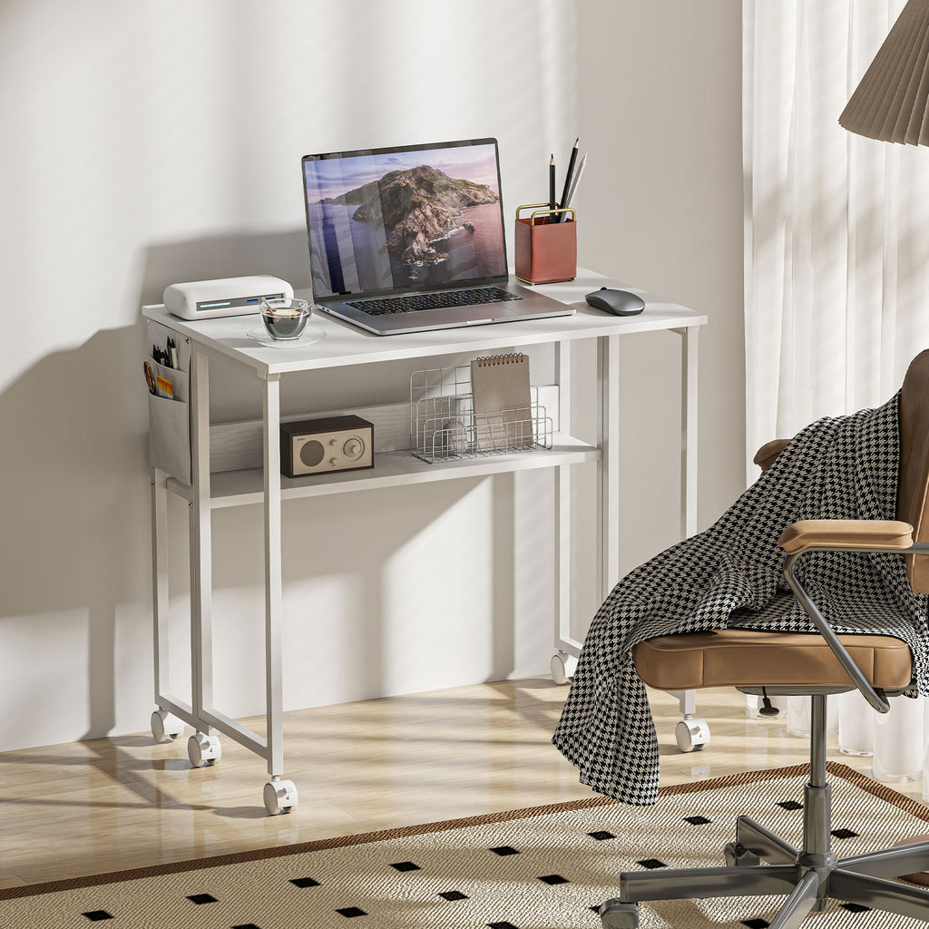 Bureau pliable sur roulettes 80 x 50 cm avec étagère et sac de rangement, blanc-6