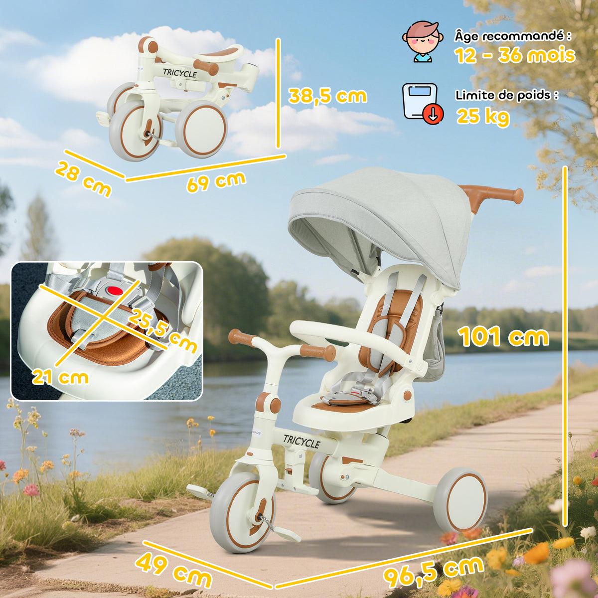 Tricycle bébé évolutif 5 en 1, tricycle enfant pliable avec poignée réglable, capote amovible, pour 1-3 ans, crème-2