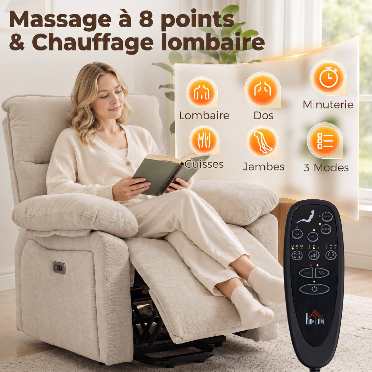 Fauteuil Releveur Électrique Massage et Chaleur Fauteuil Relax Électrique Chenille Ports USB Dossier Inclinable Crème-3