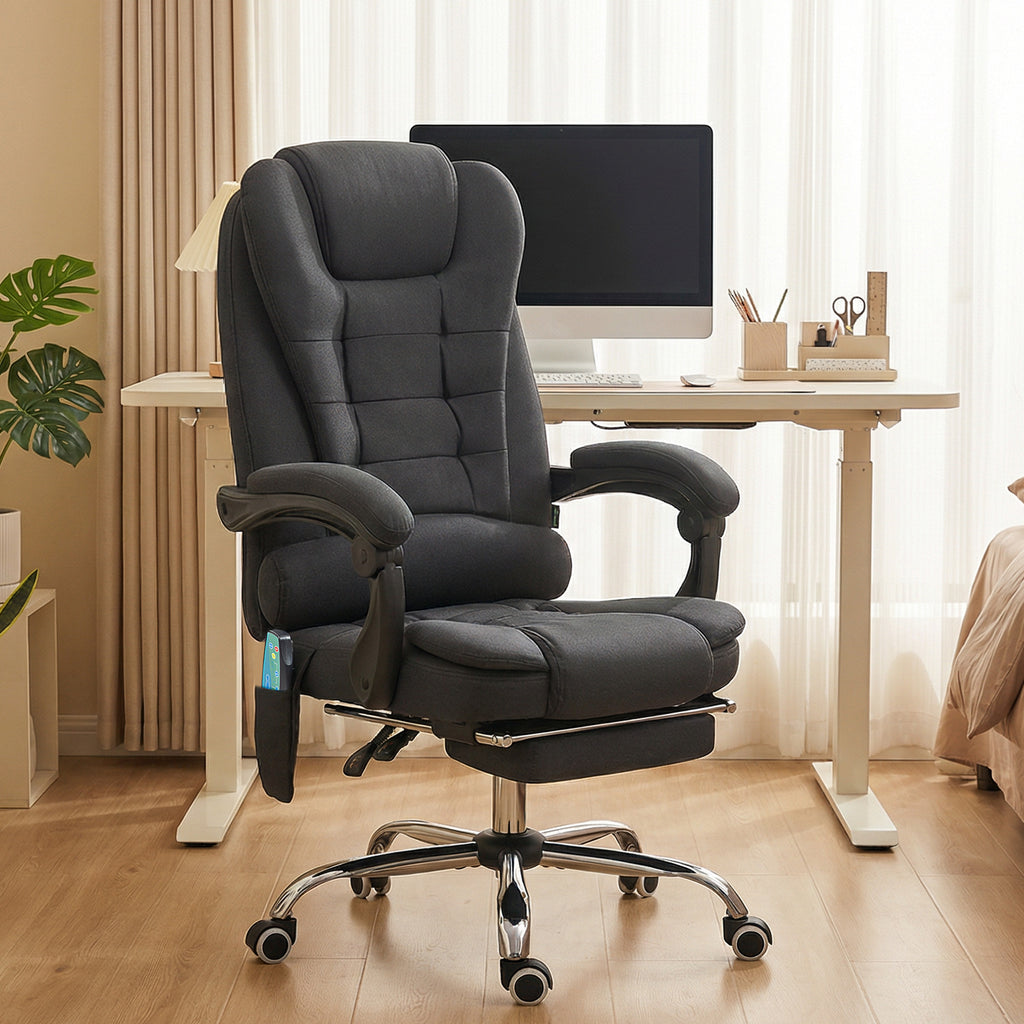 Fauteuil de bureau direction massant chauffant hauteur réglable dossier inclinable toile de lin noir-8