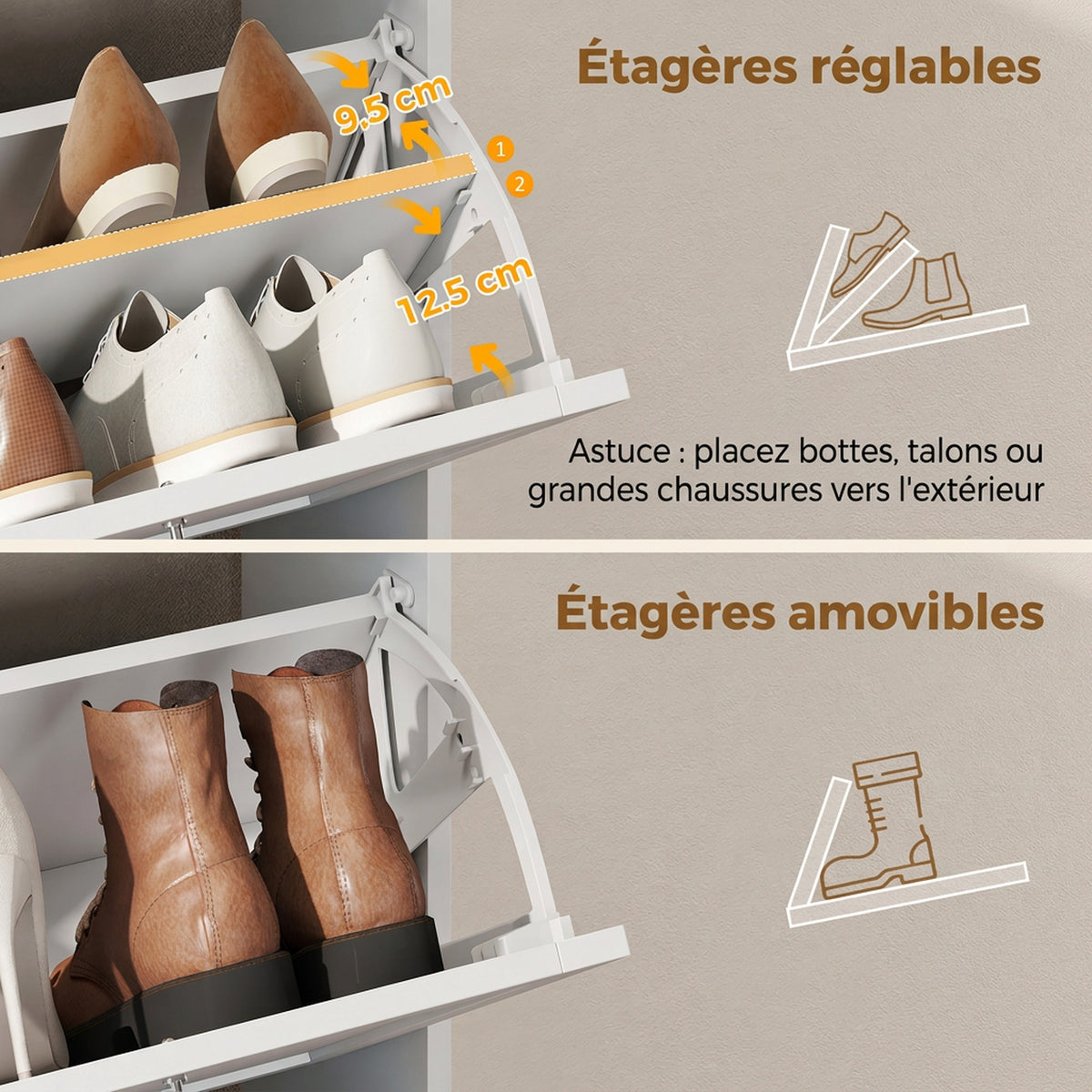 Meuble à Chaussures 16 Paires, Armoire à Chaussures Étroite, 4 Tiroirs, Étagères Réglables et Plateau Supérieur, Blanc-5