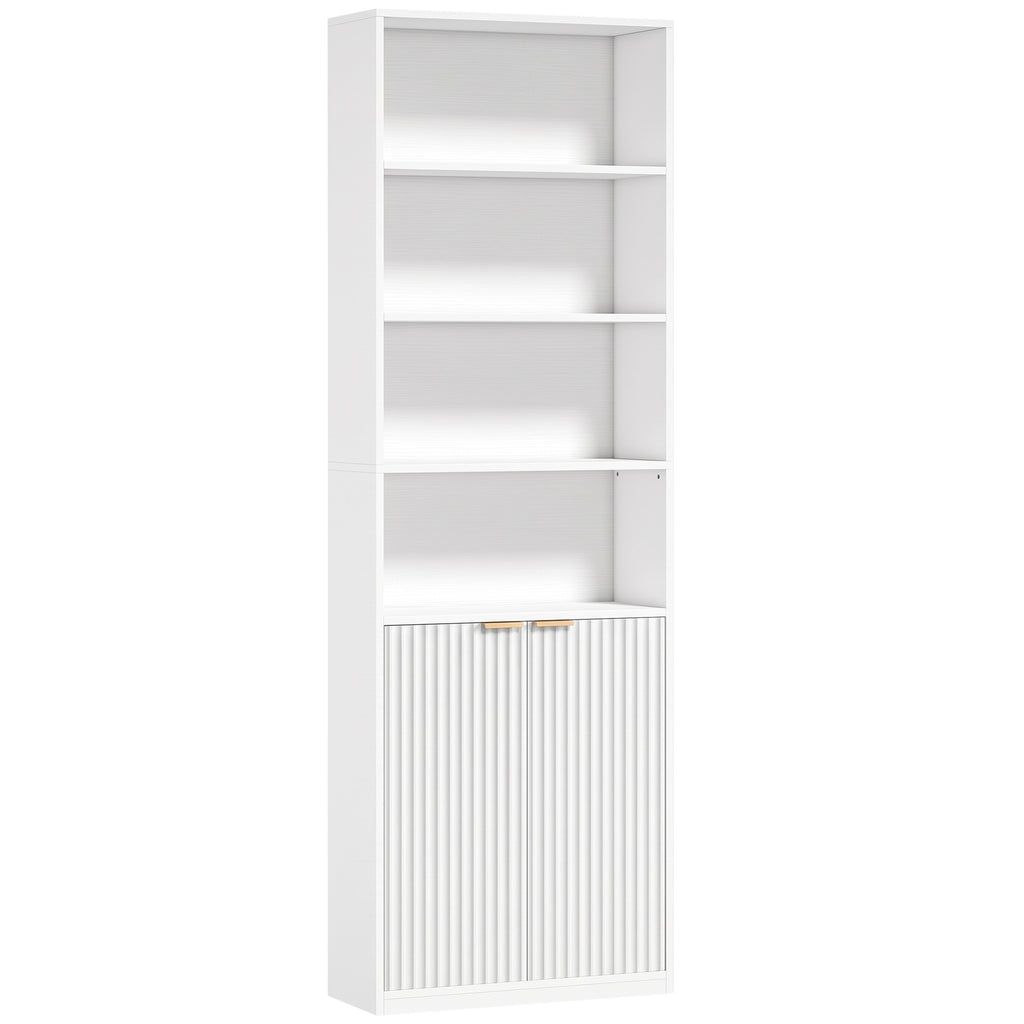Bibliothèque à 6 Niveaux, Meuble de Rangement, 60 x 24 x 182 cm avec 4 Compartiments Ouverts et 2 Portes, Blanc-0