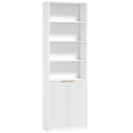 Bibliothèque à 6 Niveaux, Meuble de Rangement, 60 x 24 x 182 cm avec 4 Compartiments Ouverts et 2 Portes, Blanc-0