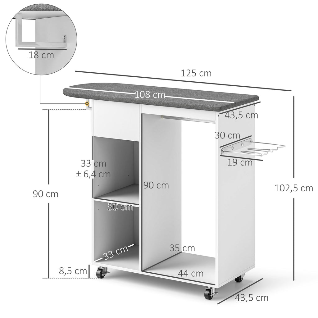 Armoire à repasser en bois table à repasser avec roulettes barre de suspension étagère 125 x 43,5 x 102,5 cm blanc-2