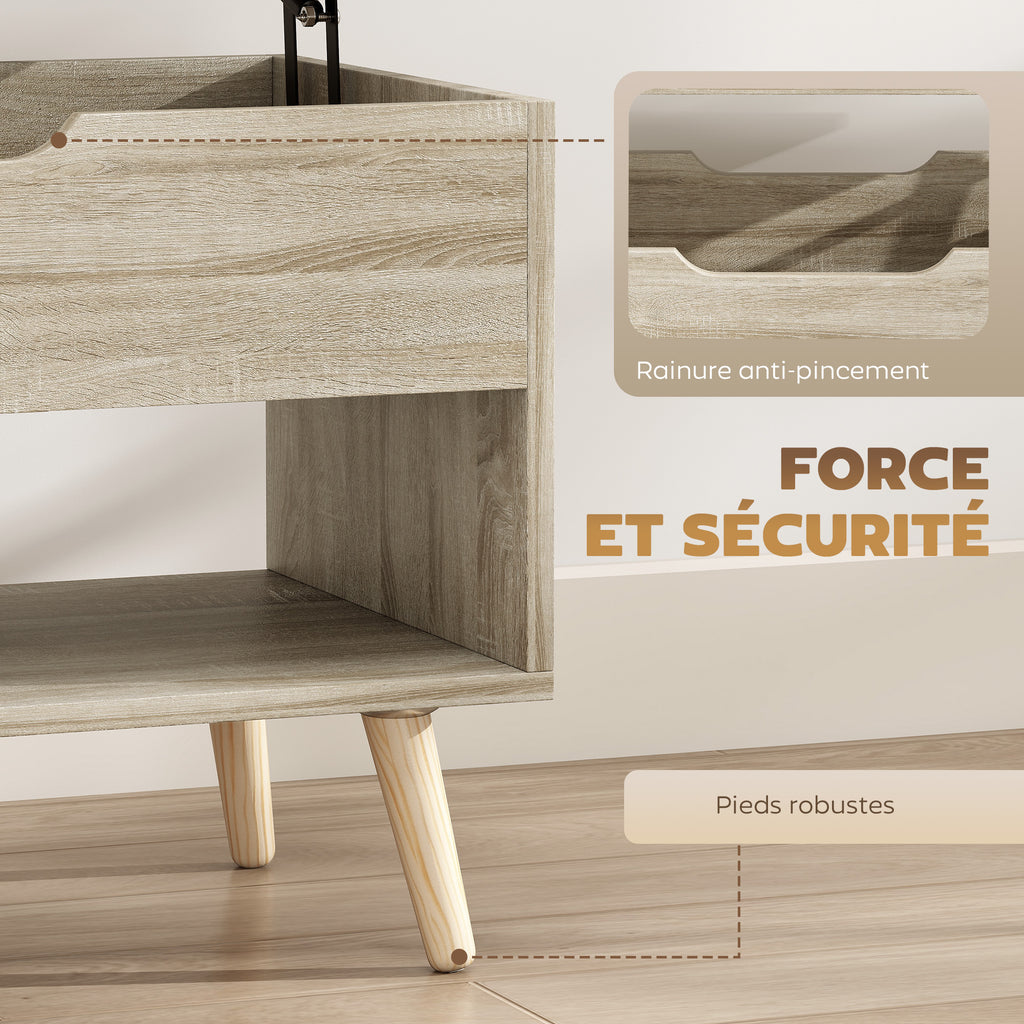 Table basse relevable, table de salon avec compartiment caché et étagères ouvertes, 75 x 40 x 58 cm, bois naturel-6