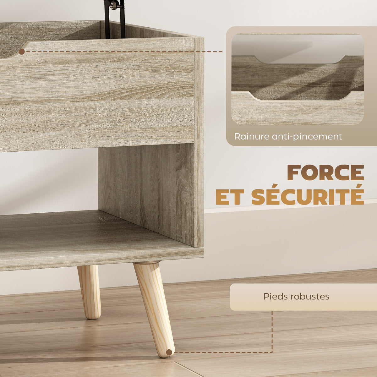 Table basse relevable, table de salon avec compartiment caché et étagères ouvertes, 75 x 40 x 58 cm, bois naturel-6