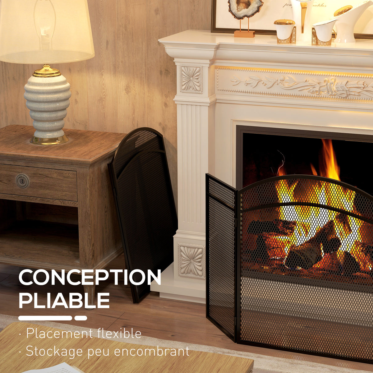 Pare-feu cheminée pliable 3 panneaux pare-étincelles cheminée avec motif en en chevron 96l x 1P x 60H cm métal noir-4