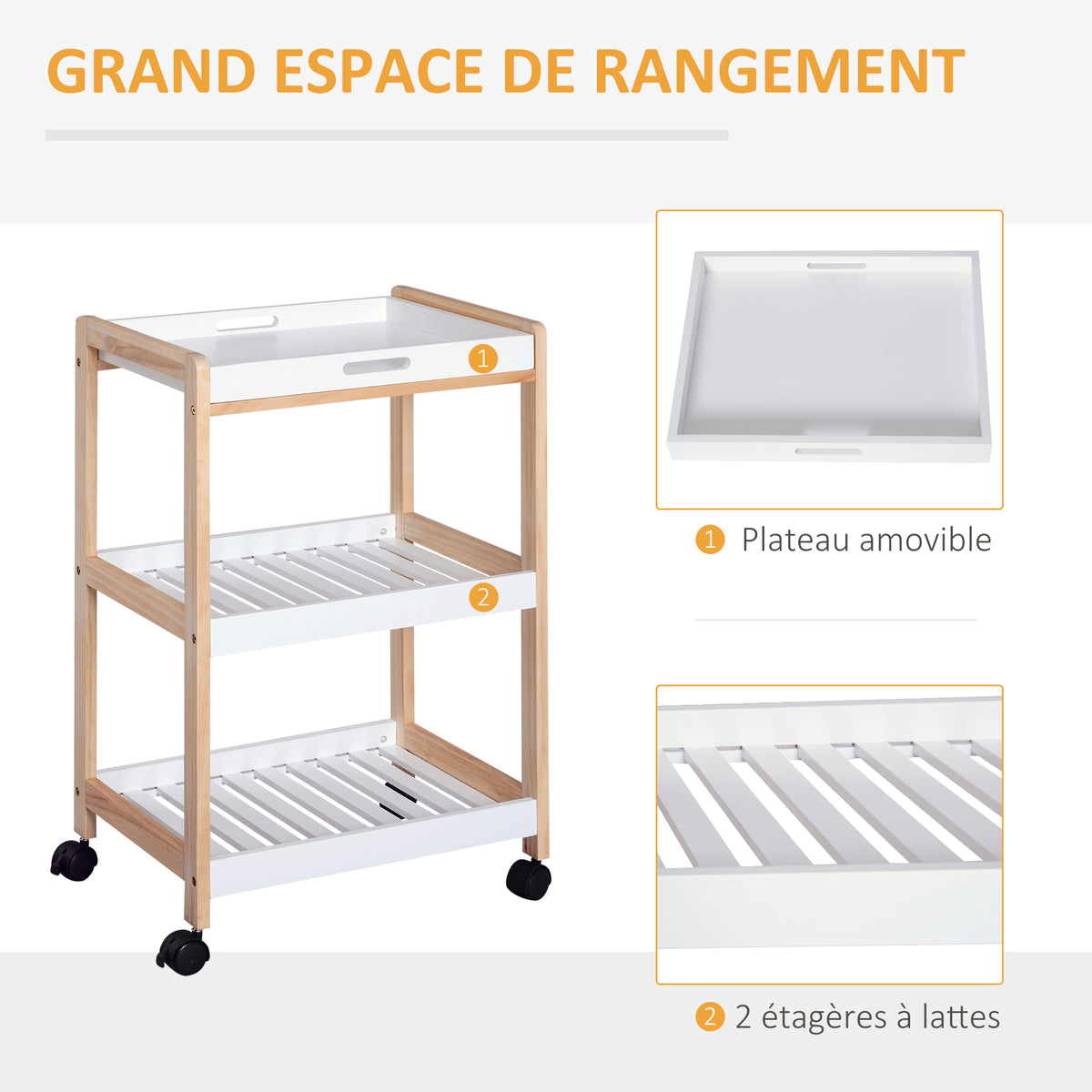 Chariot de service desserte de cuisine à roulettes 2 étagères + plateau amovible bois de pin MDF blanc-3