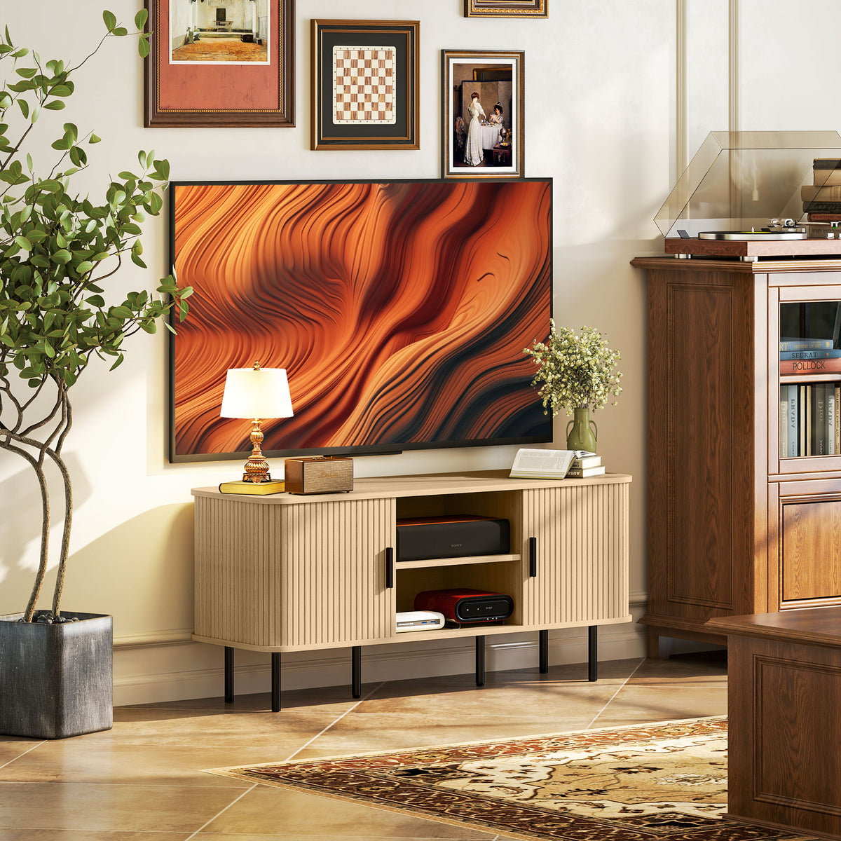 Meuble TV avec 2 portes tambour à lamelles design scandinave pour télévision jusqu'à 55 pouces 120 cm ton chêne-1
