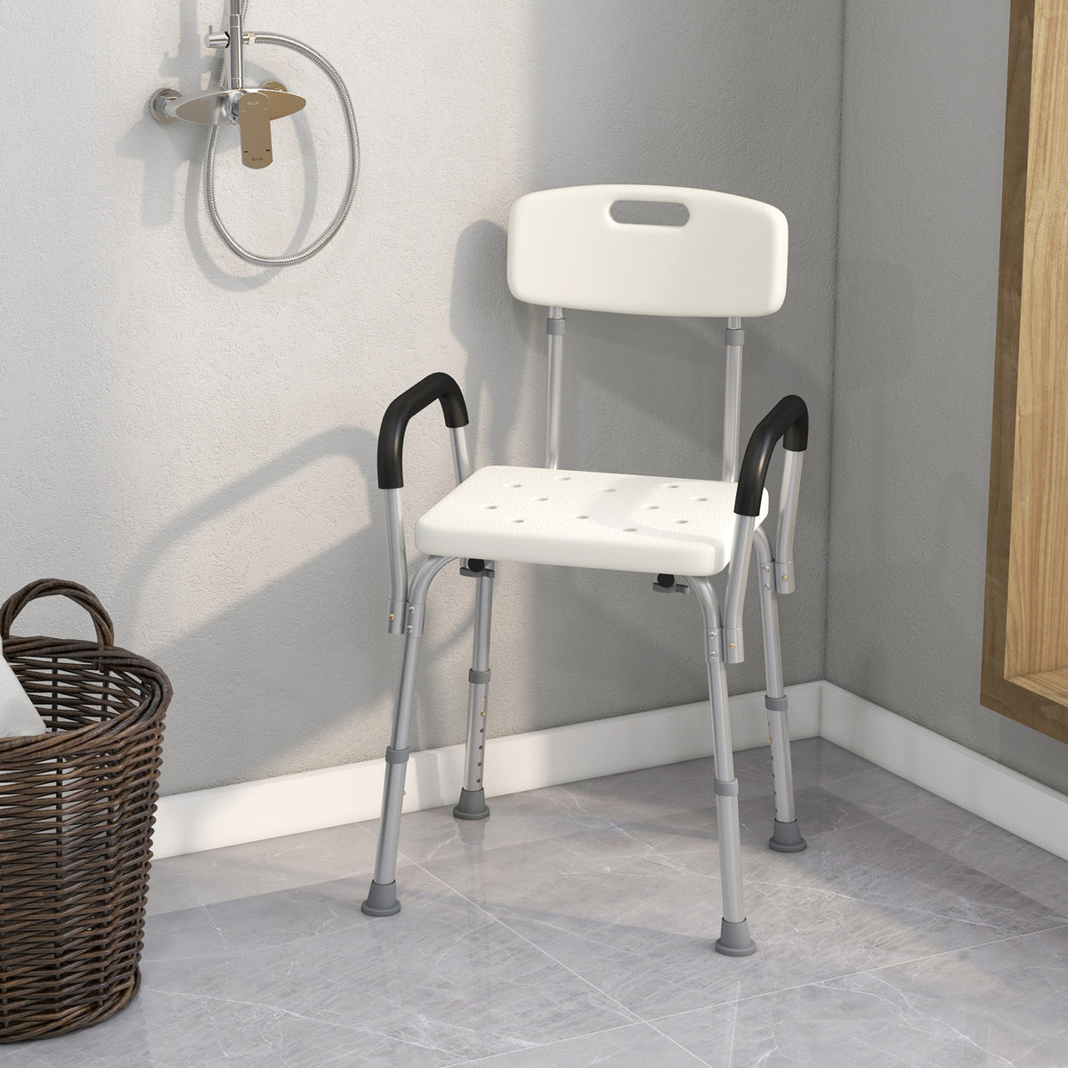 Chaise de Douche siège de Douche Ergonomique Hauteur réglable Pieds antidérapants Dossier accoudoirs Amovibles Charge Max. 136 Kg alu HDPE Blanc-1
