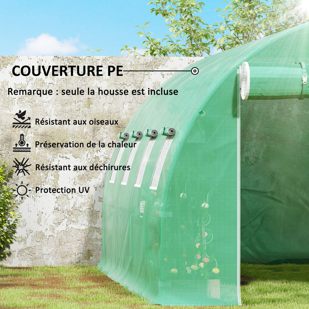 Bâche de rechange serre tunnel 12 m² 4 x 3 x 2 m PE anti-UV imperméable 8 fenêtres + porte enroulable zippée vert-5