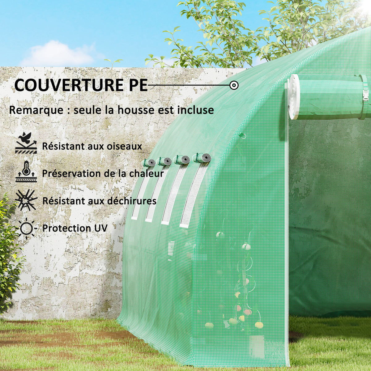 Bâche de rechange serre tunnel 12 m² 4 x 3 x 2 m PE anti-UV imperméable 8 fenêtres + porte enroulable zippée vert-5