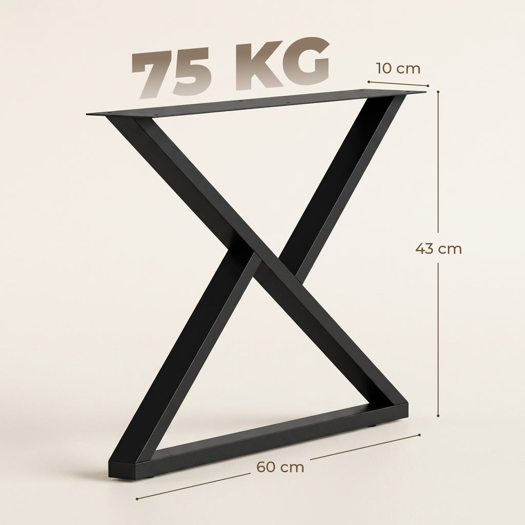 Pieds de table en acier, 60 x 43 cm, lot de 2 pieds de bureau en forme X avec patins réglables et vis, noir-2