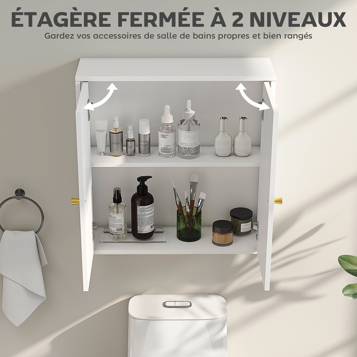 Armoire murale, meuble haut salle de bain moderne avec placard à double porte et poignées dorées, 60x20x60cm, blanc-3
