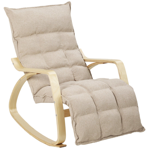 Fauteuil à Bascule avec Repose-Pieds Ajustable, Rocking Chair avec Pieds en Bois de Bouleau, 67x93x105cm, Marron Clair-0