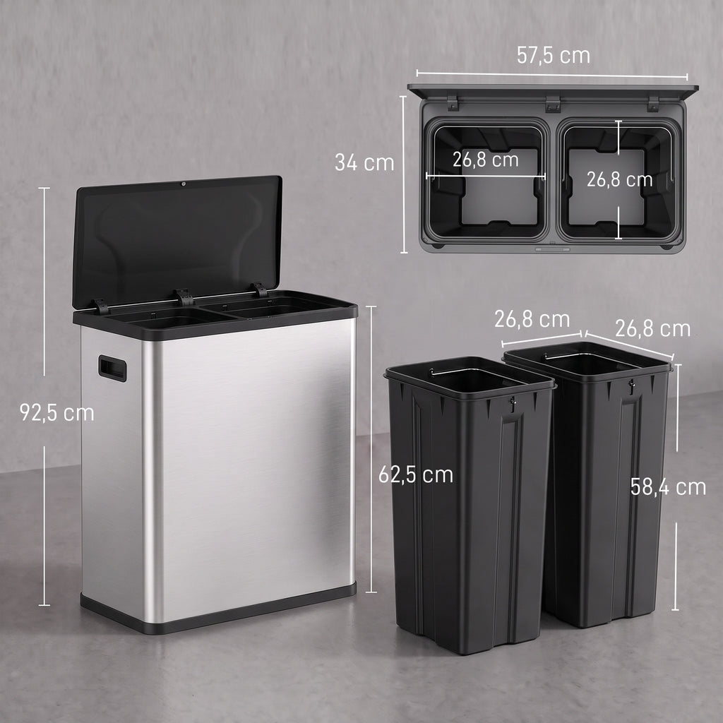 Poubelle de Cuisine Automatique 60 L, Poubelle à Double Compartiment, Capteur de Mouvement, Seaux Amovibles, Argent-2