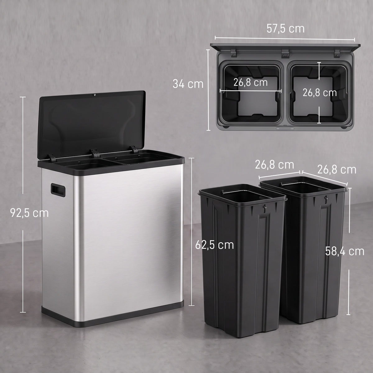 Poubelle de Cuisine Automatique 60 L, Poubelle à Double Compartiment, Capteur de Mouvement, Seaux Amovibles, Argent-2