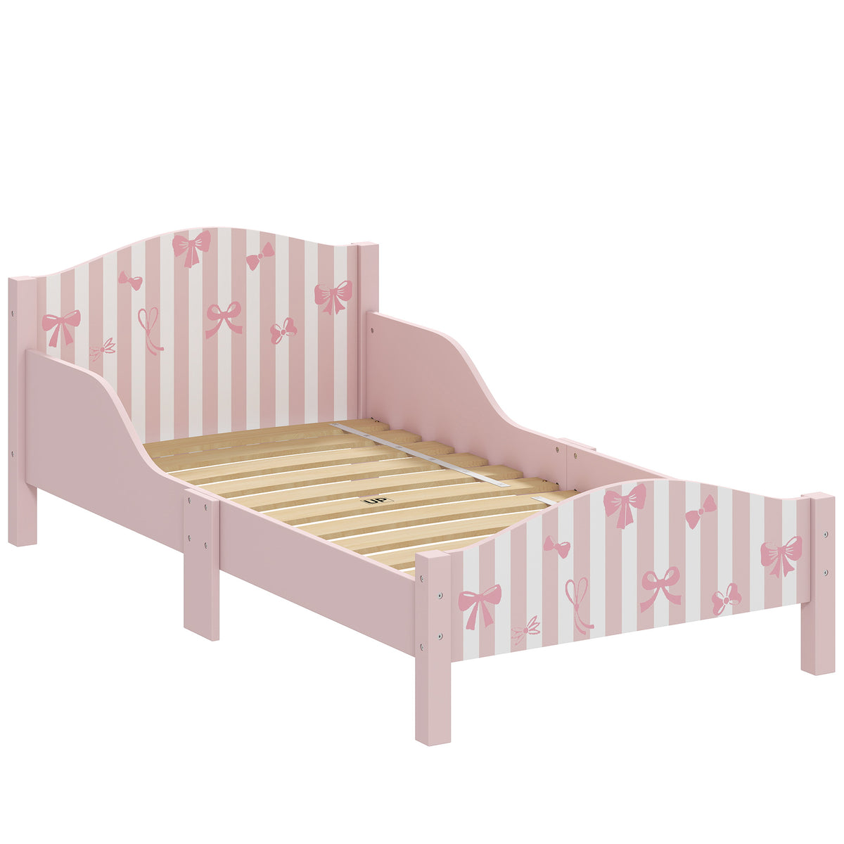 Lit Enfant 70 x 140 cm, Lit pour Enfant avec Barrière de Sécurité et Sommier à Lattes en Bois, Motif Nœud, Rose-0