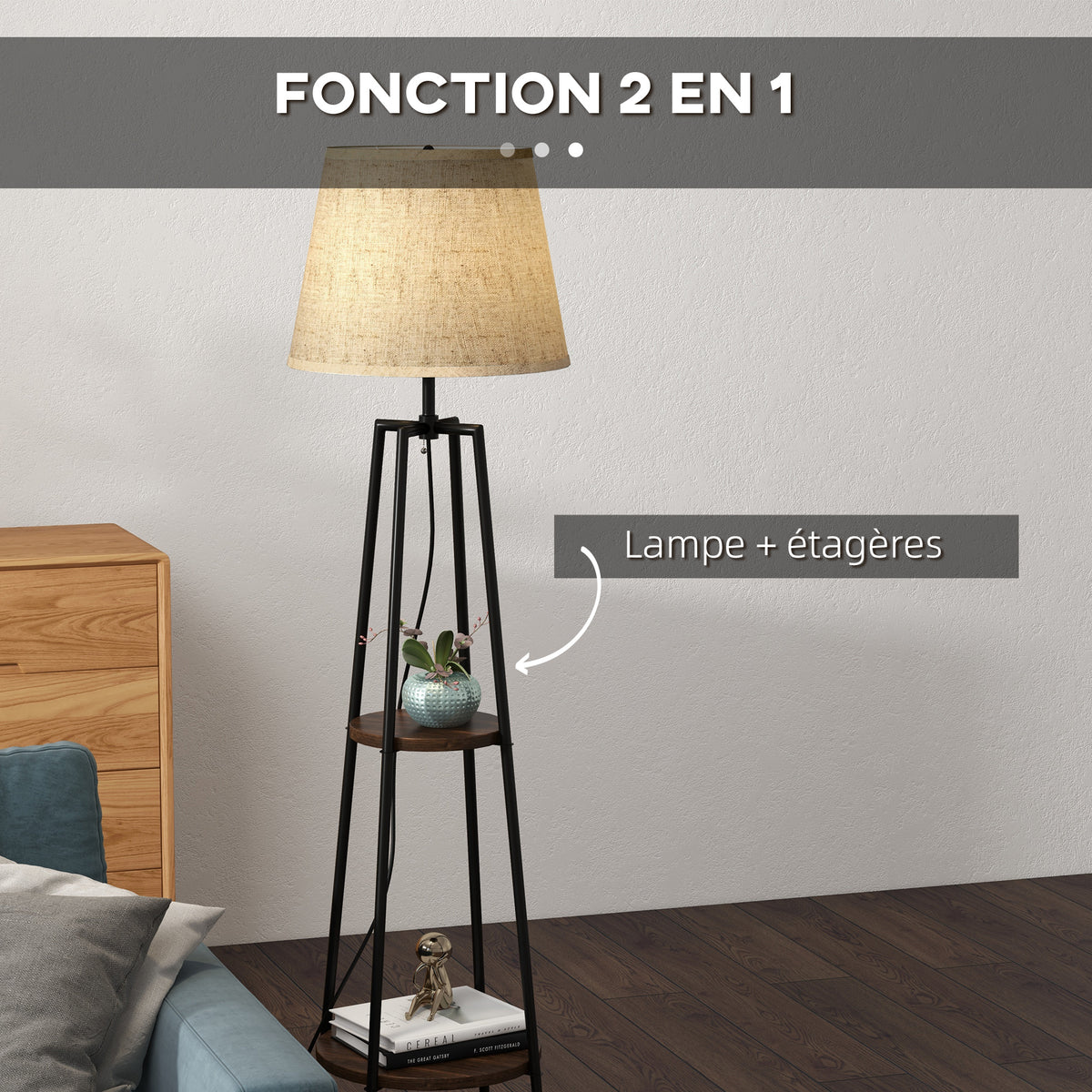 Lampadaire 2 étagères de rangement douille E27 40 W interrupteur à tirette abat-jour tissu 42 x 42 x 166 cm noir marron-4