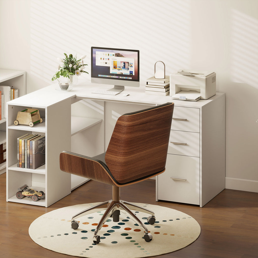 Bureau d'Angle, Bureau Informatique en L, 3 Tiroirs, 5 Compartiments Ouverts, Étagères Réglables, 140x100x75cm, Blanc-7