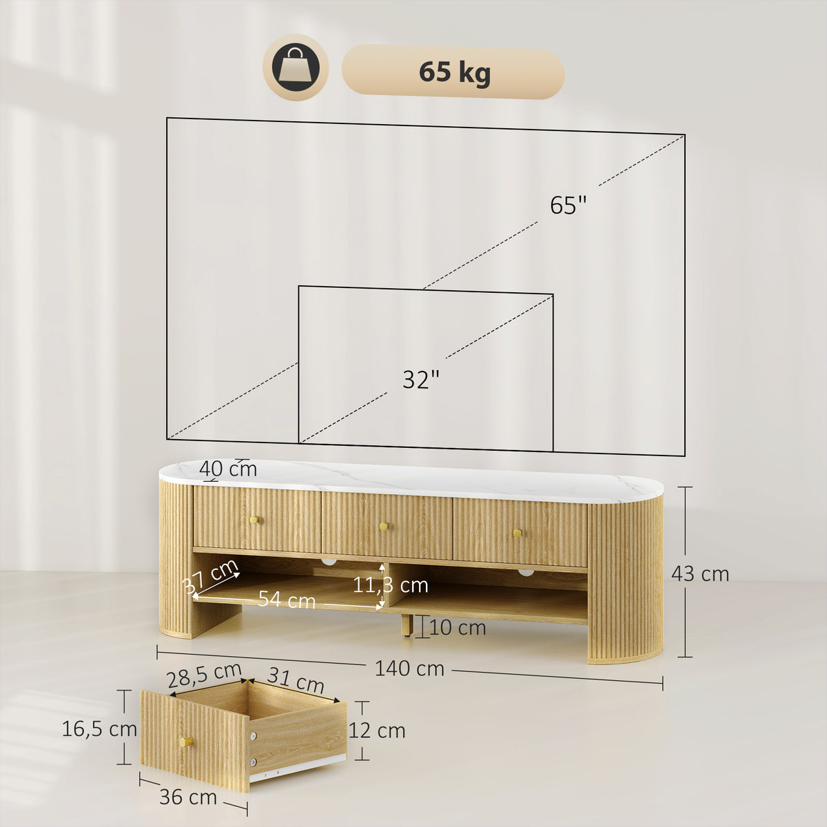Meuble TV 140 cm, meuble télé pour téléviseur 65 pouces effet marbre 3 tiroirs façades à cannelures effet bois naturel-2