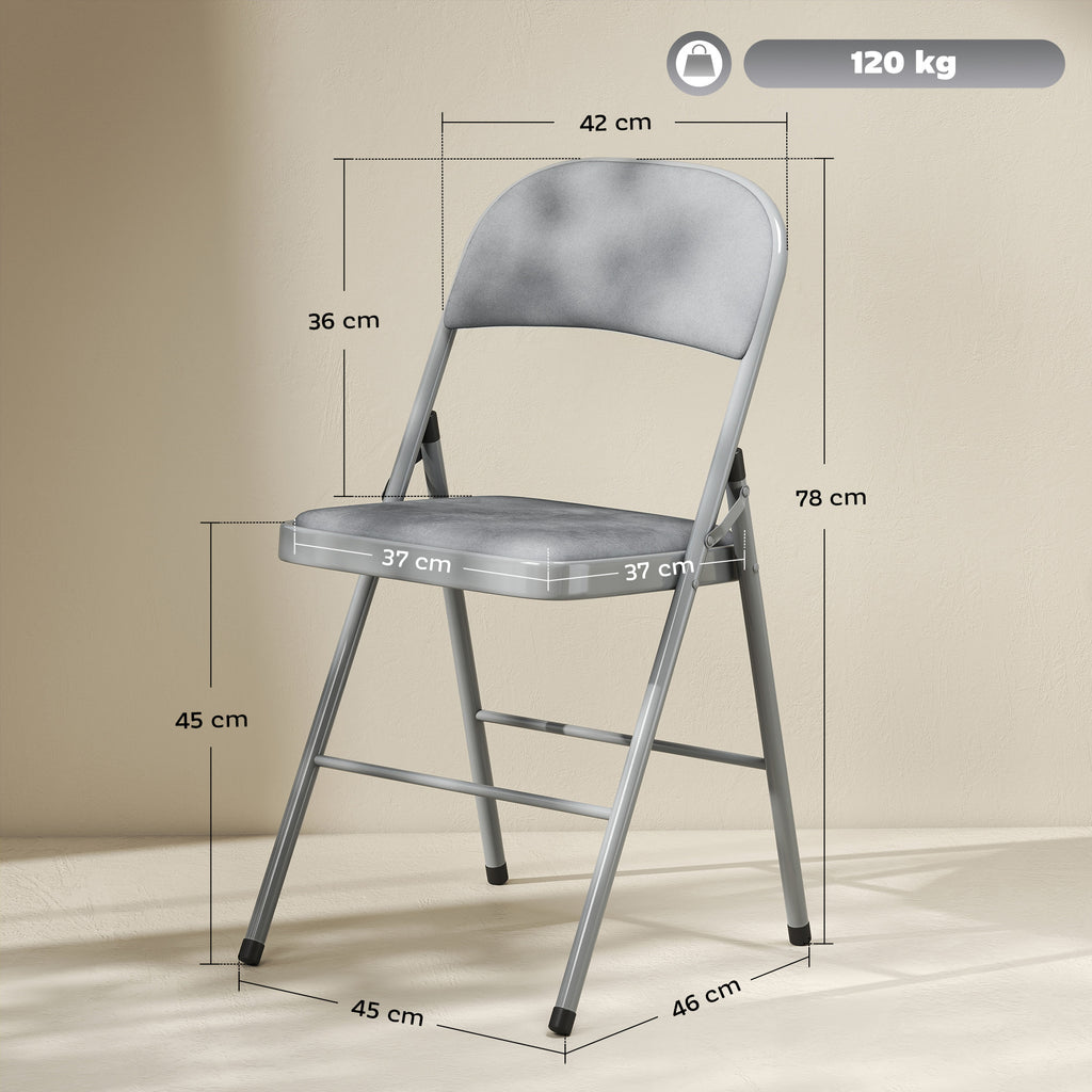Lot de 4 chaises pliantes et portables intérieur avec assises et dossiers rembourrés en velours, cadre en acier, gris clair-2