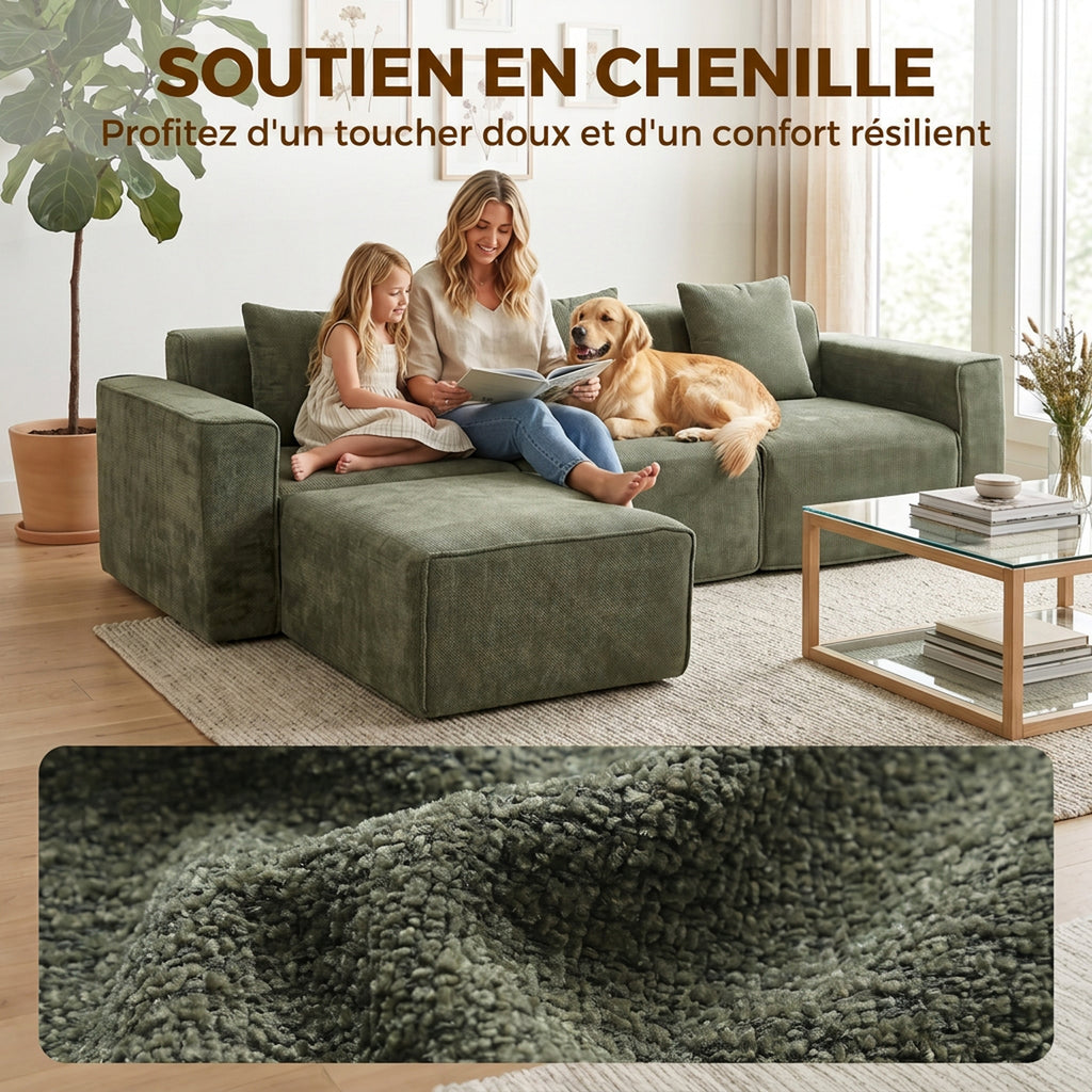 Canapé 3 Places avec Pouf Réversible, Canapé d'Angle Modulable en Chenille 251 cm Moderne, Assise Large, Vert-4