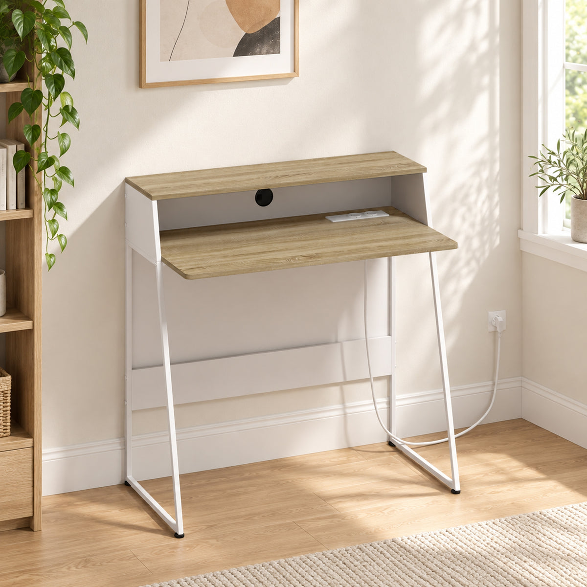 Bureau d'Ordinateur, 90 x 50 cm, Bureau avec Rangement, Étagère Ouverte et Cadre en Acier, Chêne et Blanc-1