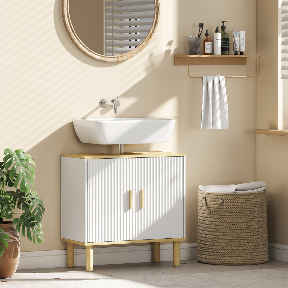 Meuble sous lavabo, meuble de salle de bain avec 2 portes et étagère réglable, 60 x 30 x 61 cm, blanc-1