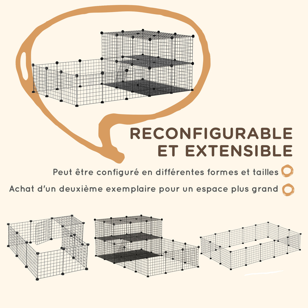 Parc enclos modulable DIY, 2 niveaux, enclos pour petits animaux, hamsters, lapins, cochon d'inde, panneaux grillagés, 45 panneaux, 175 x 105 x 70 cm, noir-4