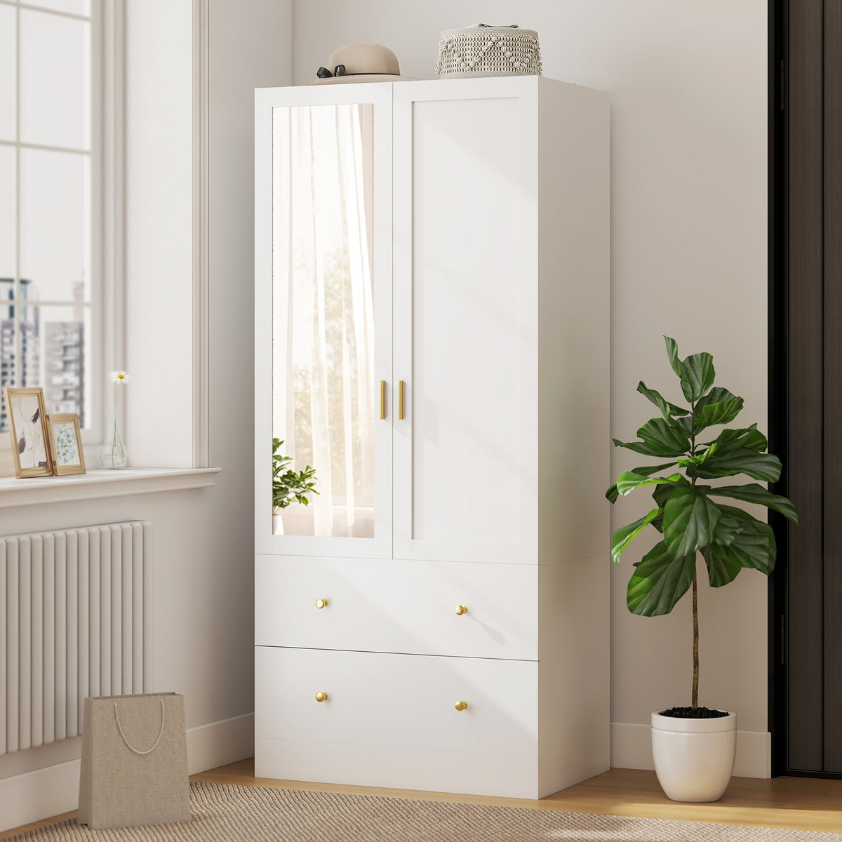 Armoire chambre penderie avec miroir, 2 portes, 2 tiroirs et barre de suspension, 80 x 50 x 180 cm, blanc-7