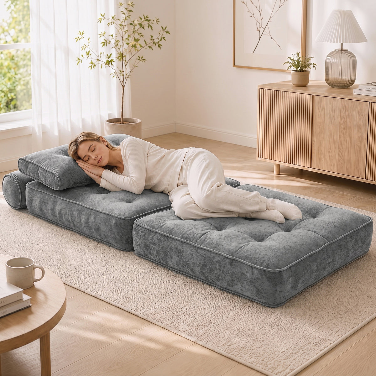 Fauteuil Convertible 1 Place 95 x 220 cm avec 2 Oreillers, Siège Épais, Fauteuil-Lit Chauffeuse 3 en 1, Gris Clair-8