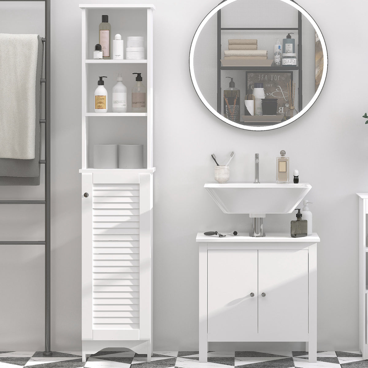 Meuble Colonne Salle de Bain 3 niches Placard Porte persienne 3 étagères MDF Panneaux de Particules Blanc-1