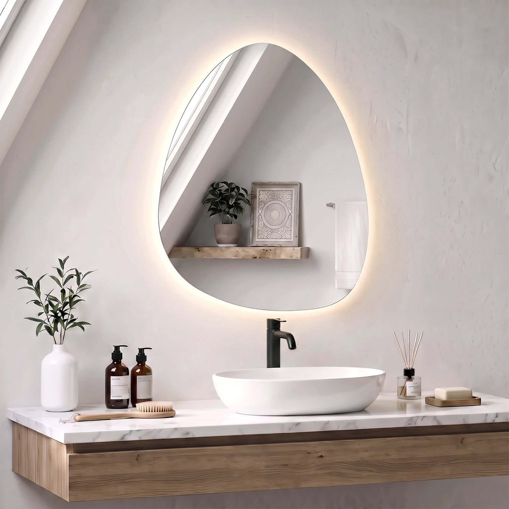 Miroir Salle de Bain Bluetooth avec Éclairage LED 50x70cm, Forme Galet, Dimmable 3 Couleurs, Anti-Buée, Mémoire, Argenté-1