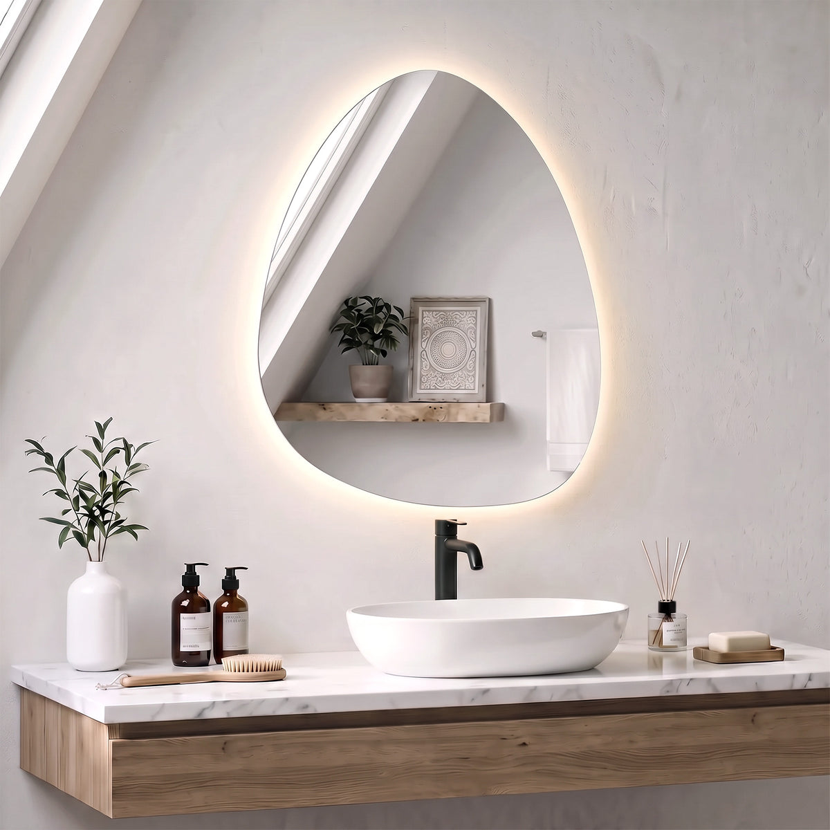 Miroir Salle de Bain Bluetooth avec Éclairage LED 50x70cm, Forme Galet, Dimmable 3 Couleurs, Anti-Buée, Mémoire, Argenté-1